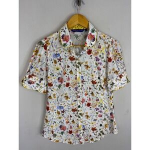 Georg Roth Los Angeles Floral Botanical Cotton Short Sleeve Blouse White XS
